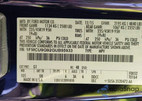 2016 Ford Escape Se from USA, damaged, VIN 1FMCU9G92GUB95933